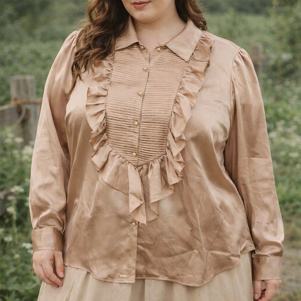 Vintage Randolph Duke Silk Ruffle Blouse Pleated Bib Front Champaigne Womens 18W